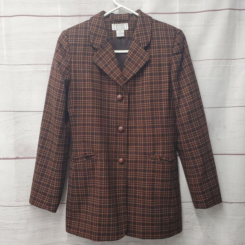 Jennifer Moore Petites Brown Plaid Wool Blazer Size 8P Jacket Made In Bulgaria